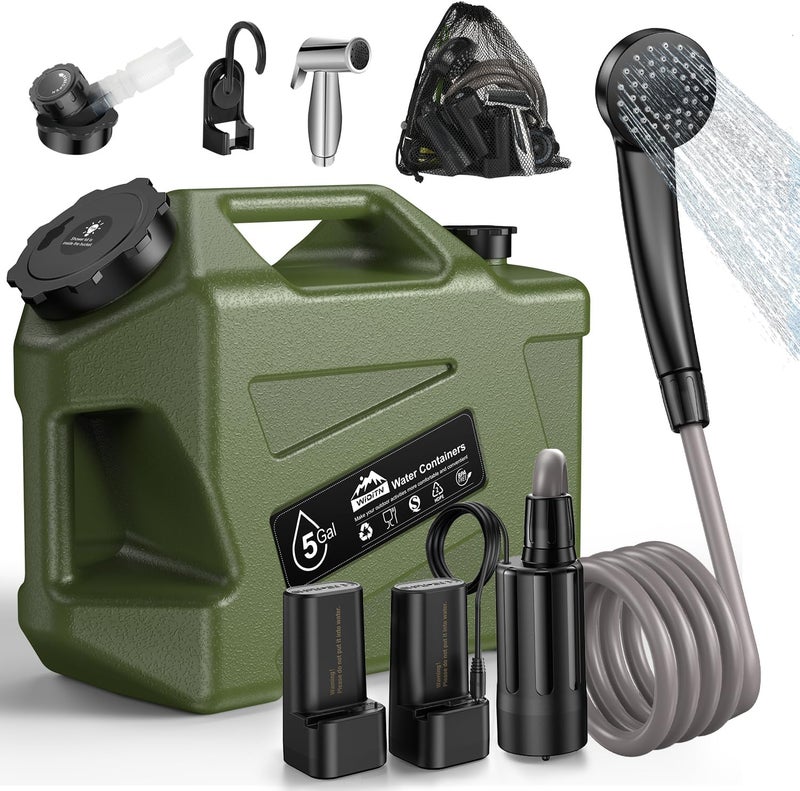 Widitn Portable Camping Shower with Water Jug, Electric Rechargeable Camping Shower, 5-Gallon Food Grade Water Containers, Outdoor Camp Pump Water Storage Kit for Hiking Beach, Travel, Pet Bath - Image 1